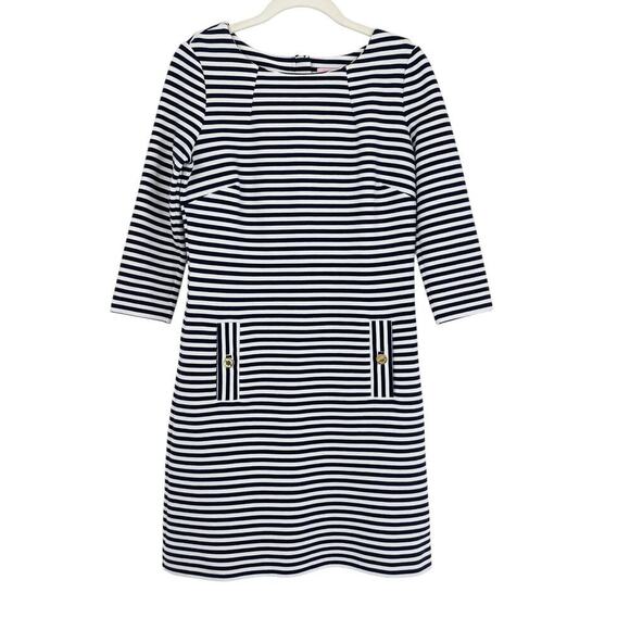 Lilly Pulitzer Blue White Striped Charlene Dress 3/4th Sleeve A Line Size Small - Picture 2 of 7